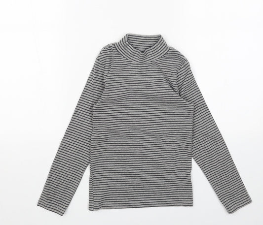 NEXT Girls Grey Striped Cotton Basic T-Shirt Size 8 Years High Neck Pullover