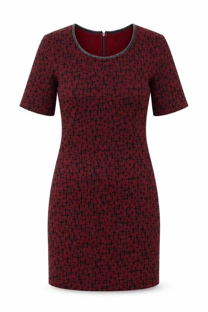 Topshop Womens Red Geometric Cotton Pencil Dress Size 10 Scoop Neck Zip - Cross Print, Leatherette Trim
