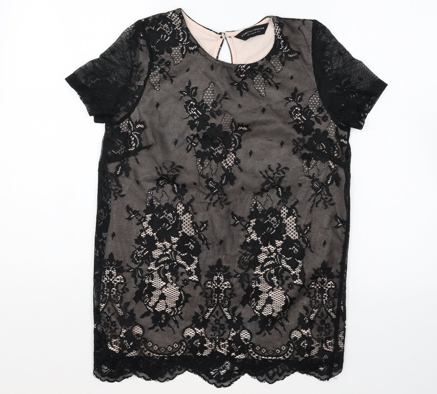 NEXT Womens Black Floral Polyester Basic T-Shirt Size 10 Round Neck - Lace Overlay