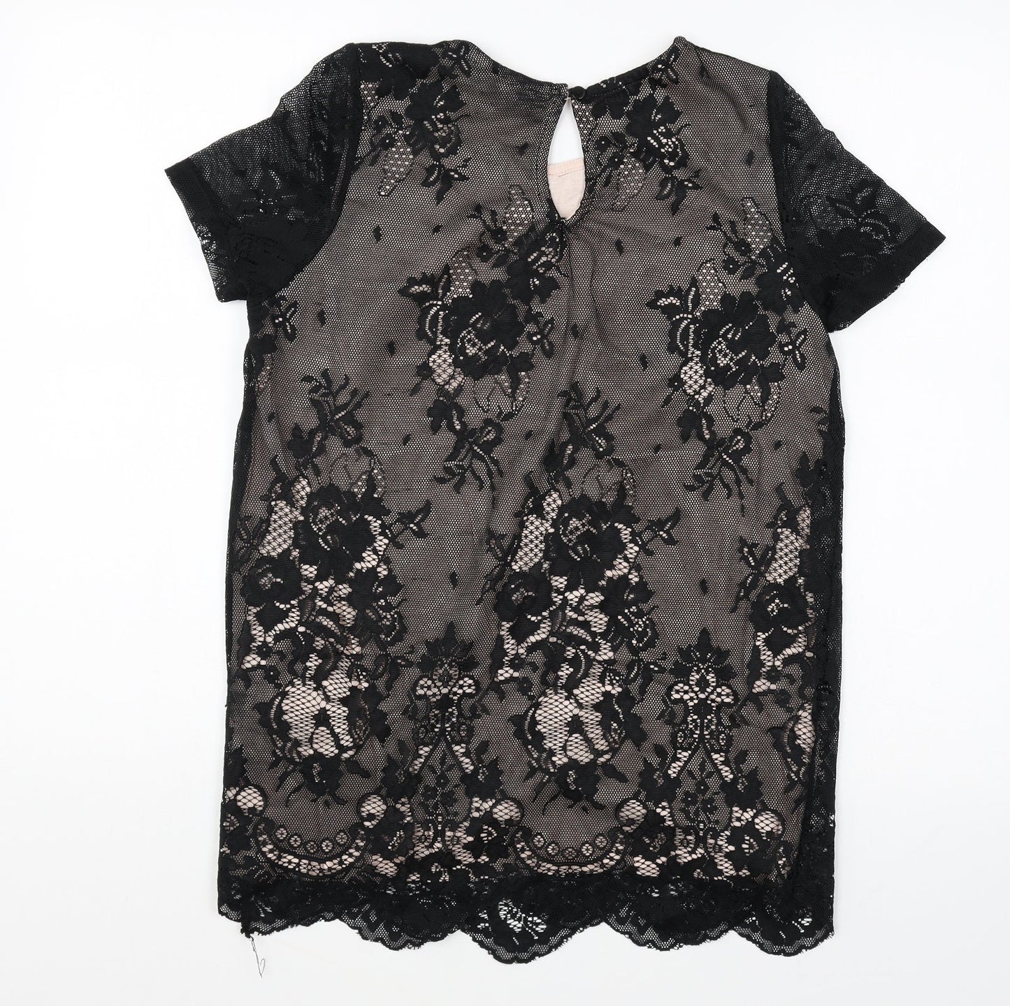 NEXT Womens Black Floral Polyester Basic T-Shirt Size 10 Round Neck - Lace Overlay