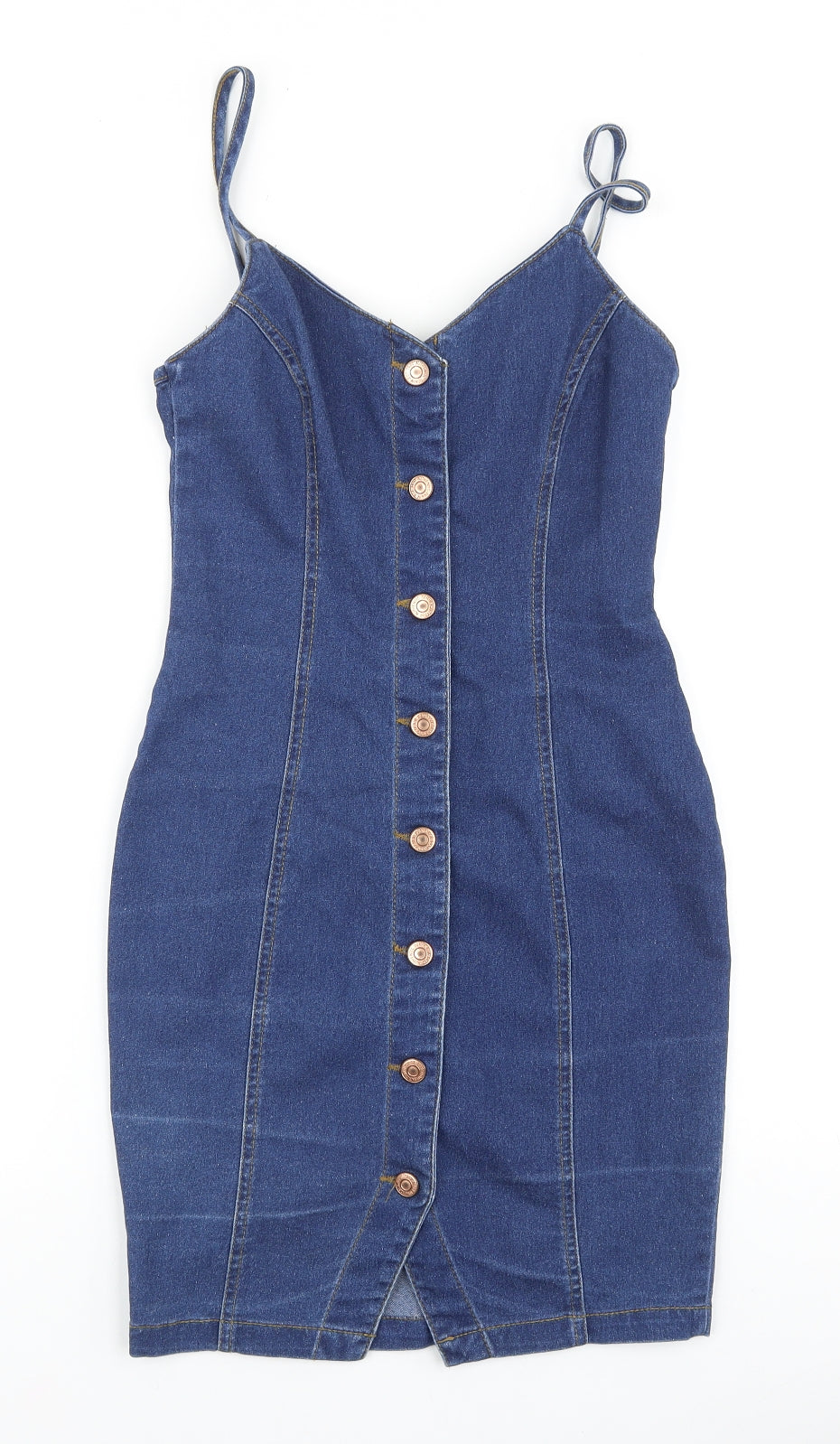 New Look Womens Blue Cotton Bodycon Size 6 V-Neck Button