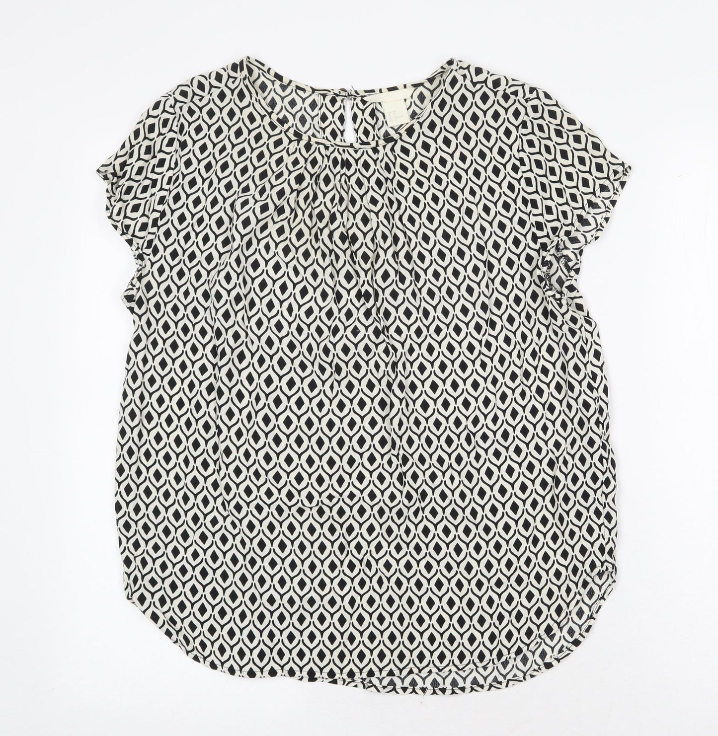 H&M Womens White Geometric Viscose Basic Blouse Size 8 Round Neck