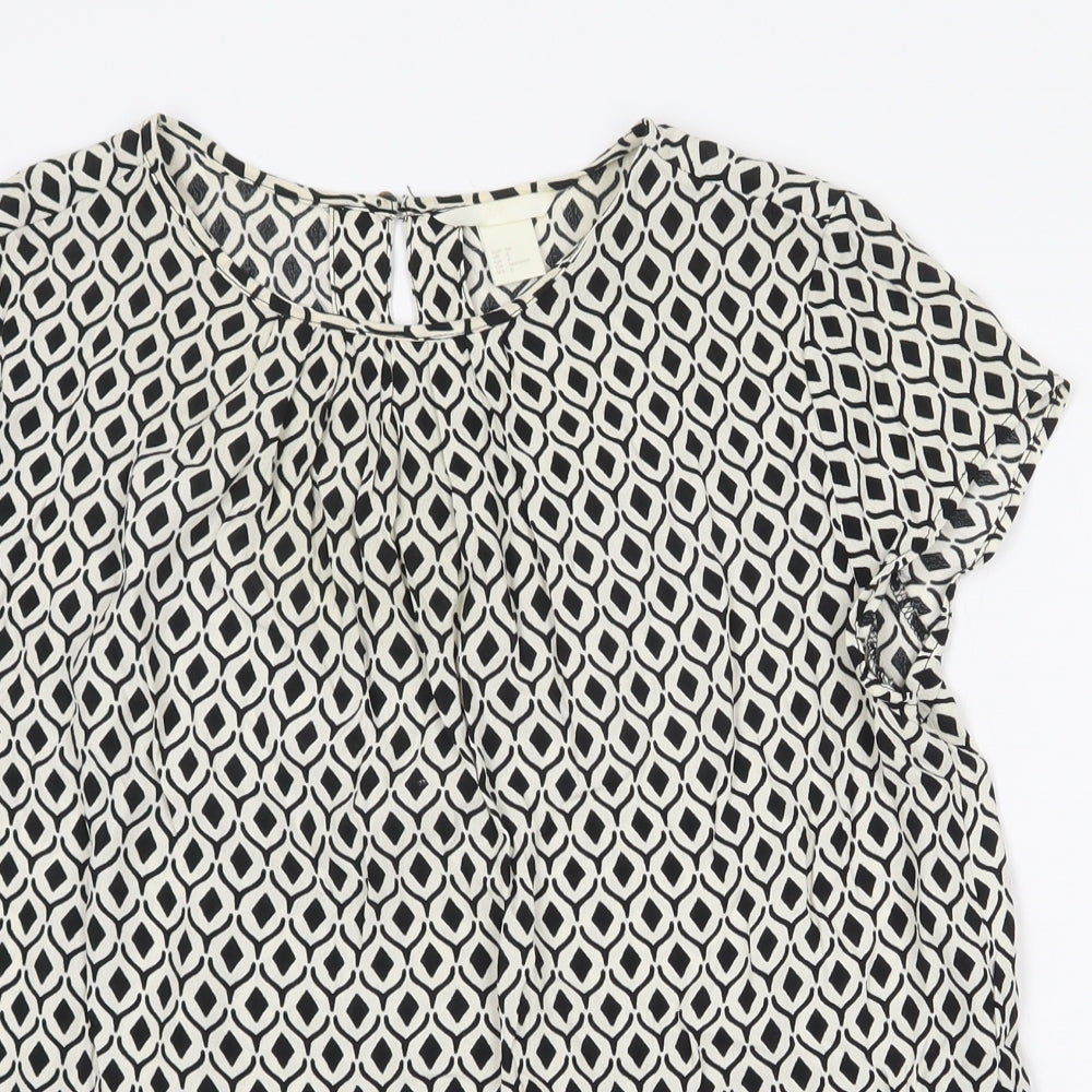 H&M Womens White Geometric Viscose Basic Blouse Size 8 Round Neck