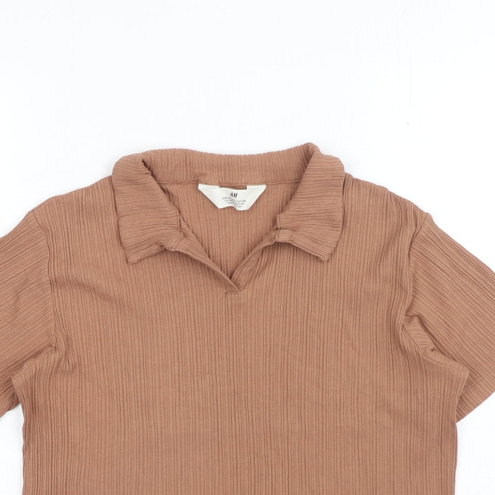 H&M Girls Brown Cotton Basic Polo Size 10-11 Years V-Neck Pullover