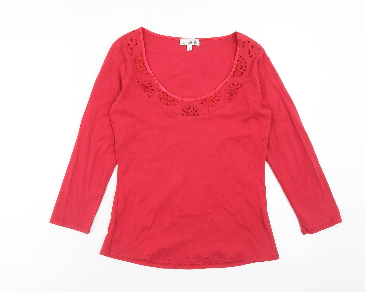 Laura D. Womens Pink Cotton Basic T-Shirt Size 12 Round Neck - Anglaise Detail