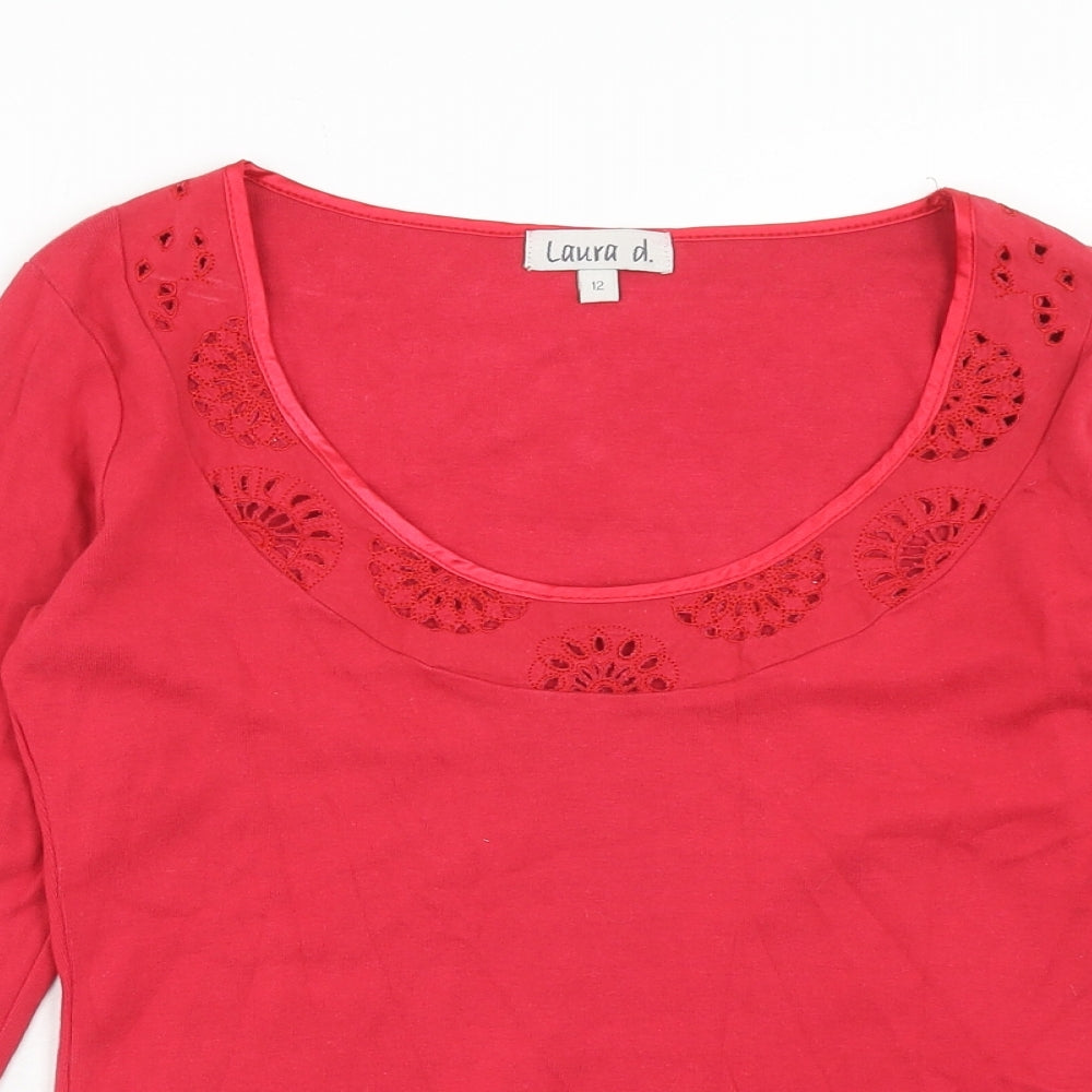 Laura D. Womens Pink Cotton Basic T-Shirt Size 12 Round Neck - Anglaise Detail