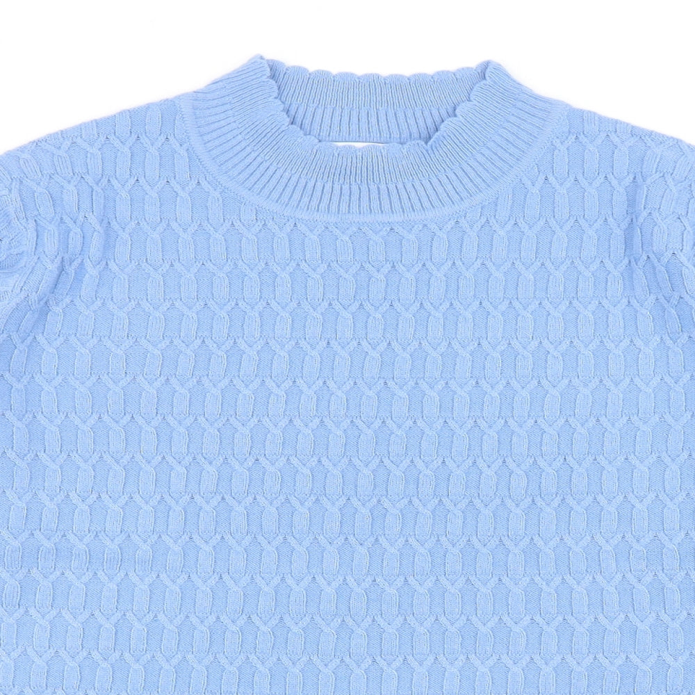 EWM Womens Blue Mock Neck Acrylic Pullover Jumper Size M - Scallop Edge Collar