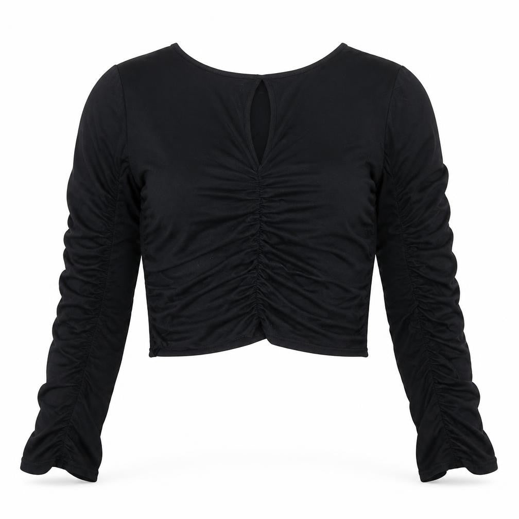 Pink Vanilla Womens Black Polyester Basic Blouse Size L Round Neck - Ruched