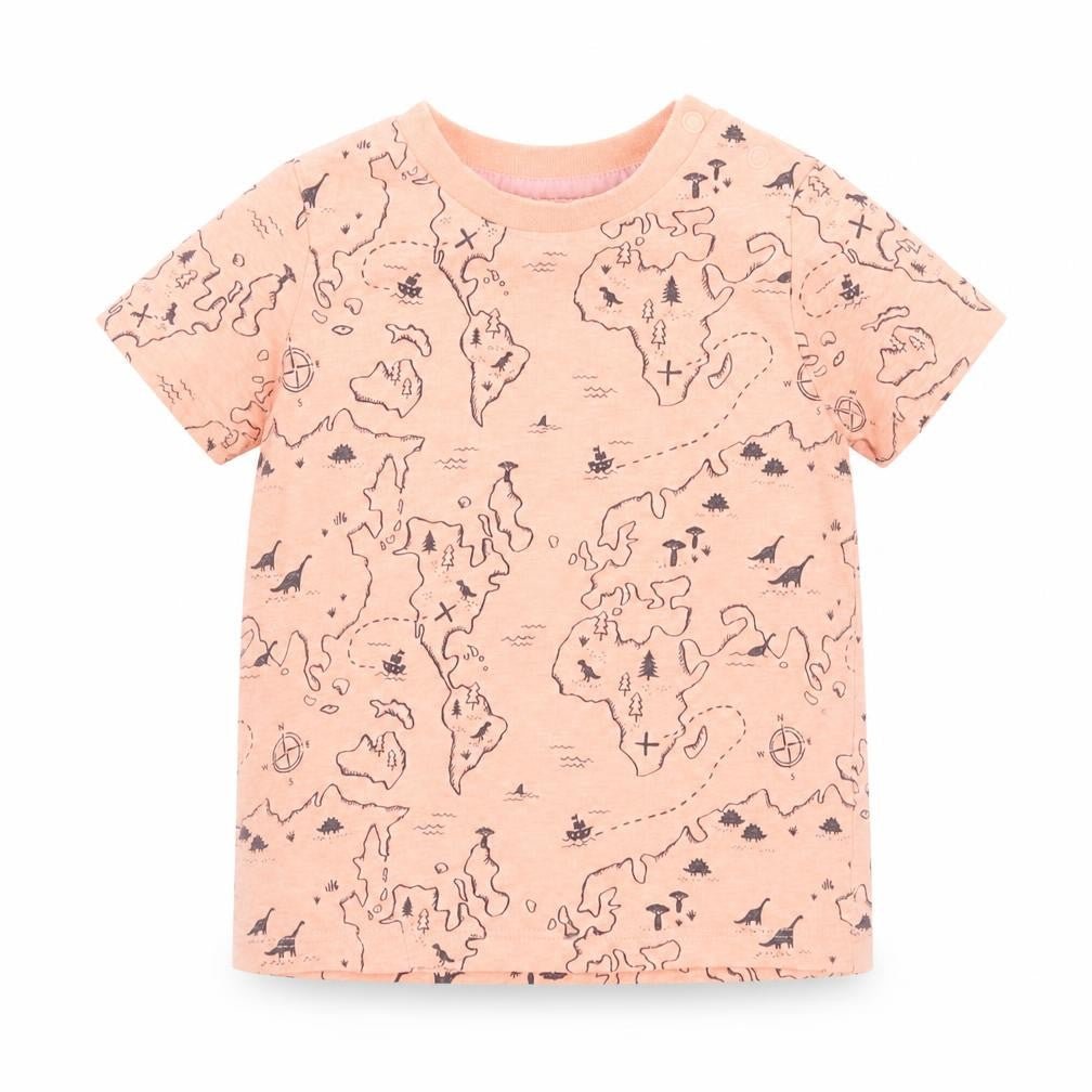 F&F Boys Orange Geometric Cotton Basic T-Shirt Size 9-12 Months Round Neck Snap - Dinosaur map