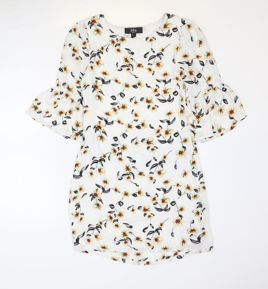 Iska Womens White Floral Polyester Shift Size 8 Round Neck Zip