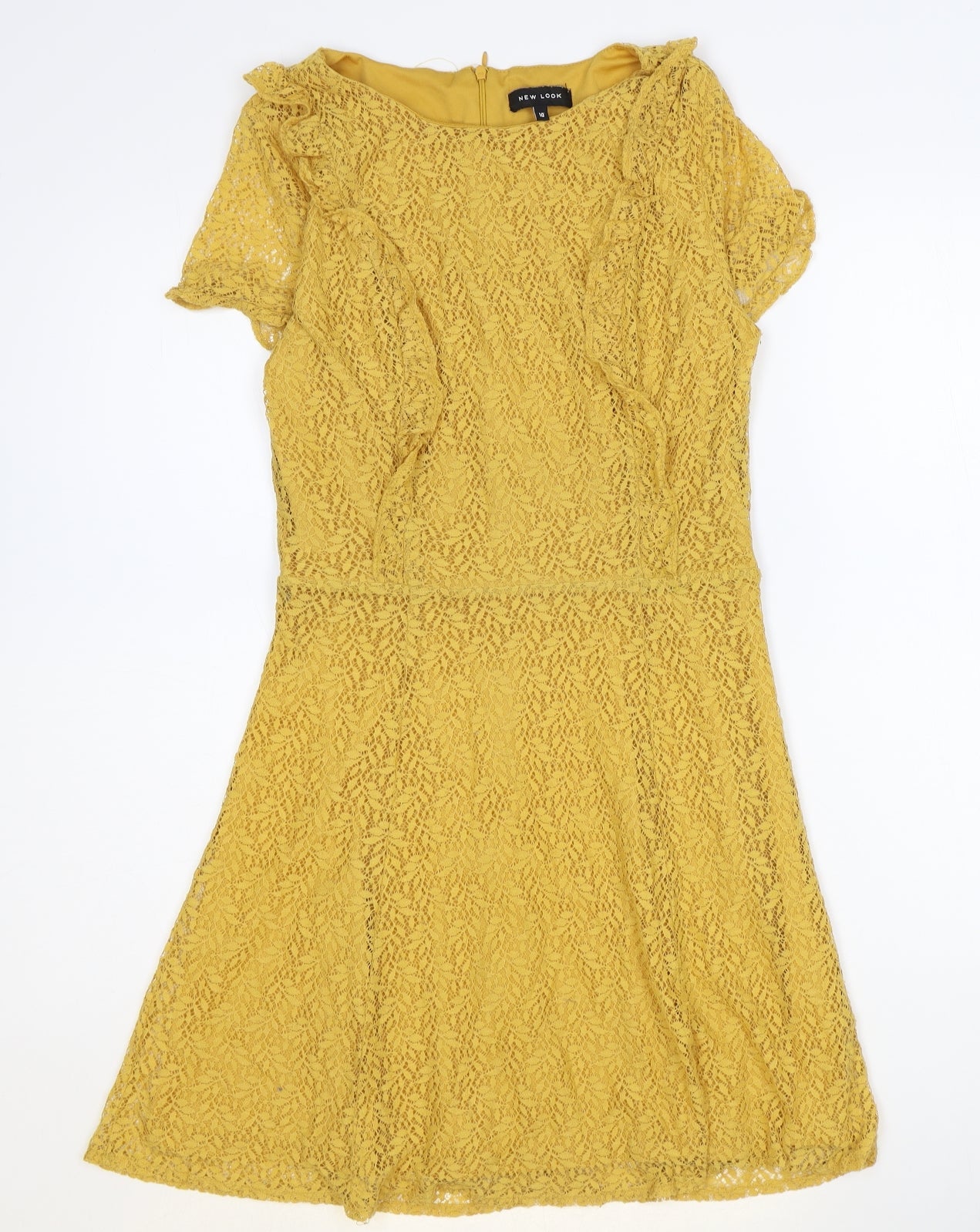 New Look Womens Yellow Floral Nylon A-Line Size 10 Boat Neck Zip