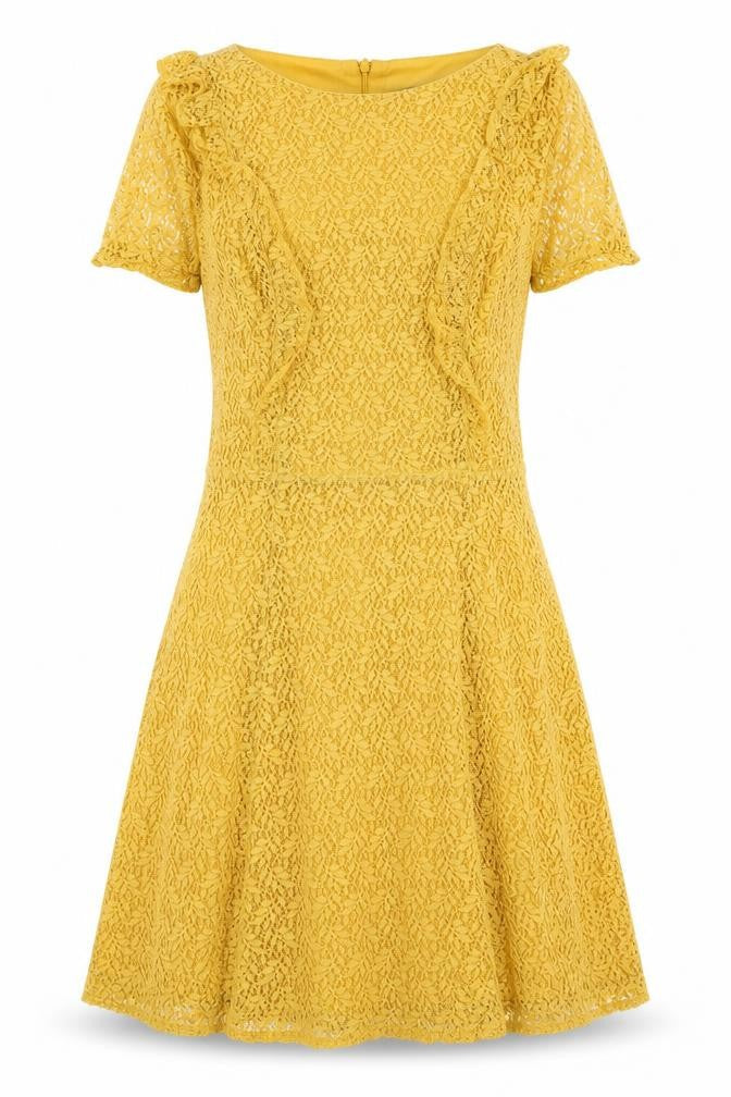 New Look Womens Yellow Floral Nylon A-Line Size 10 Boat Neck Zip