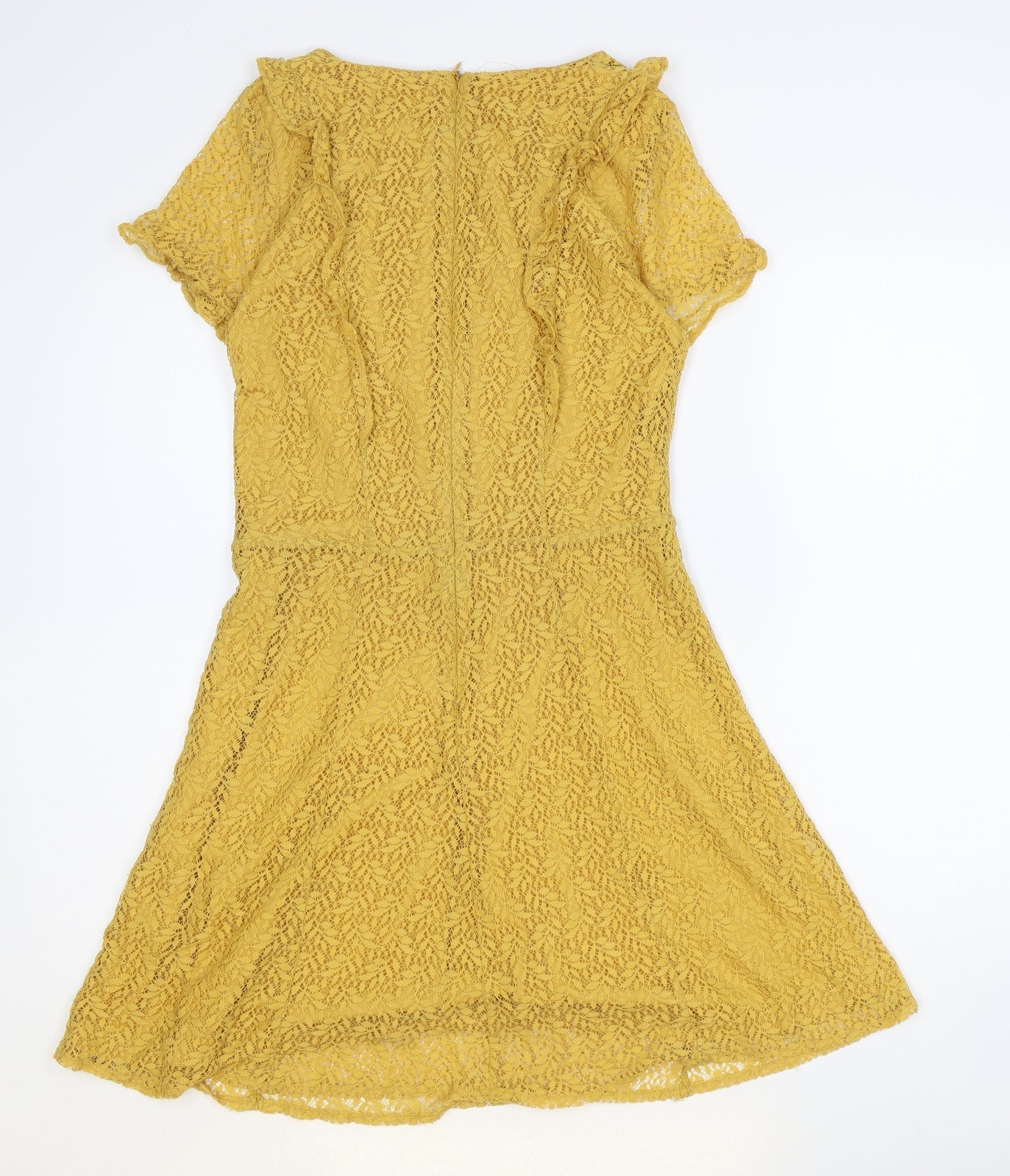 New Look Womens Yellow Floral Nylon A-Line Size 10 Boat Neck Zip