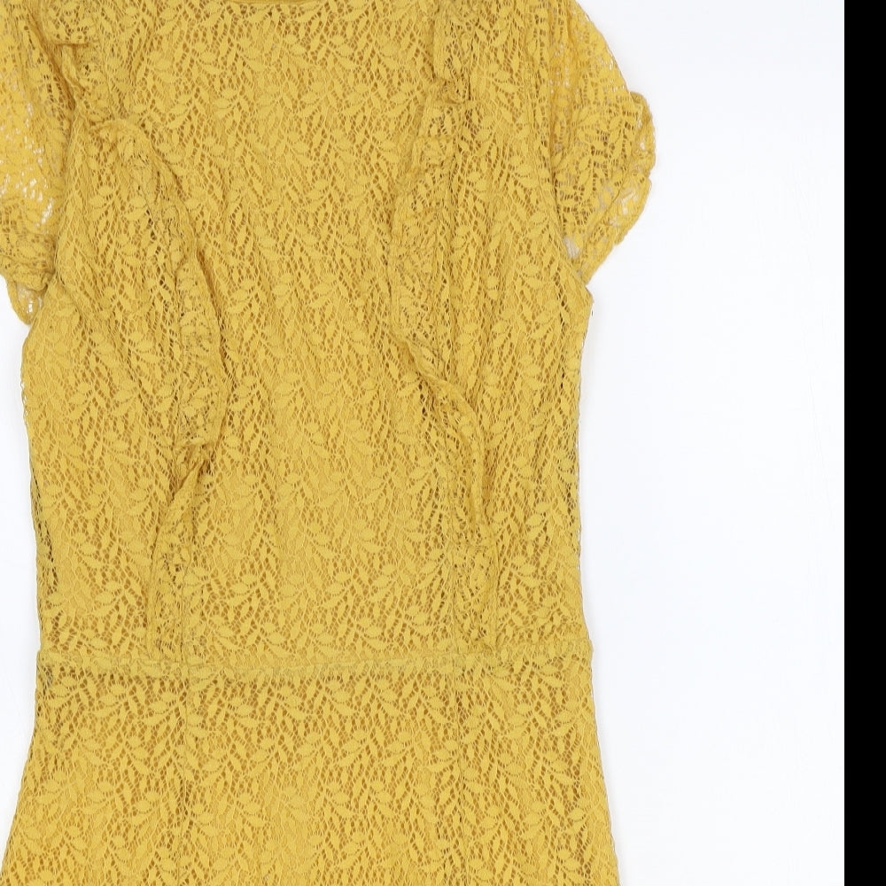 New Look Womens Yellow Floral Nylon A-Line Size 10 Boat Neck Zip