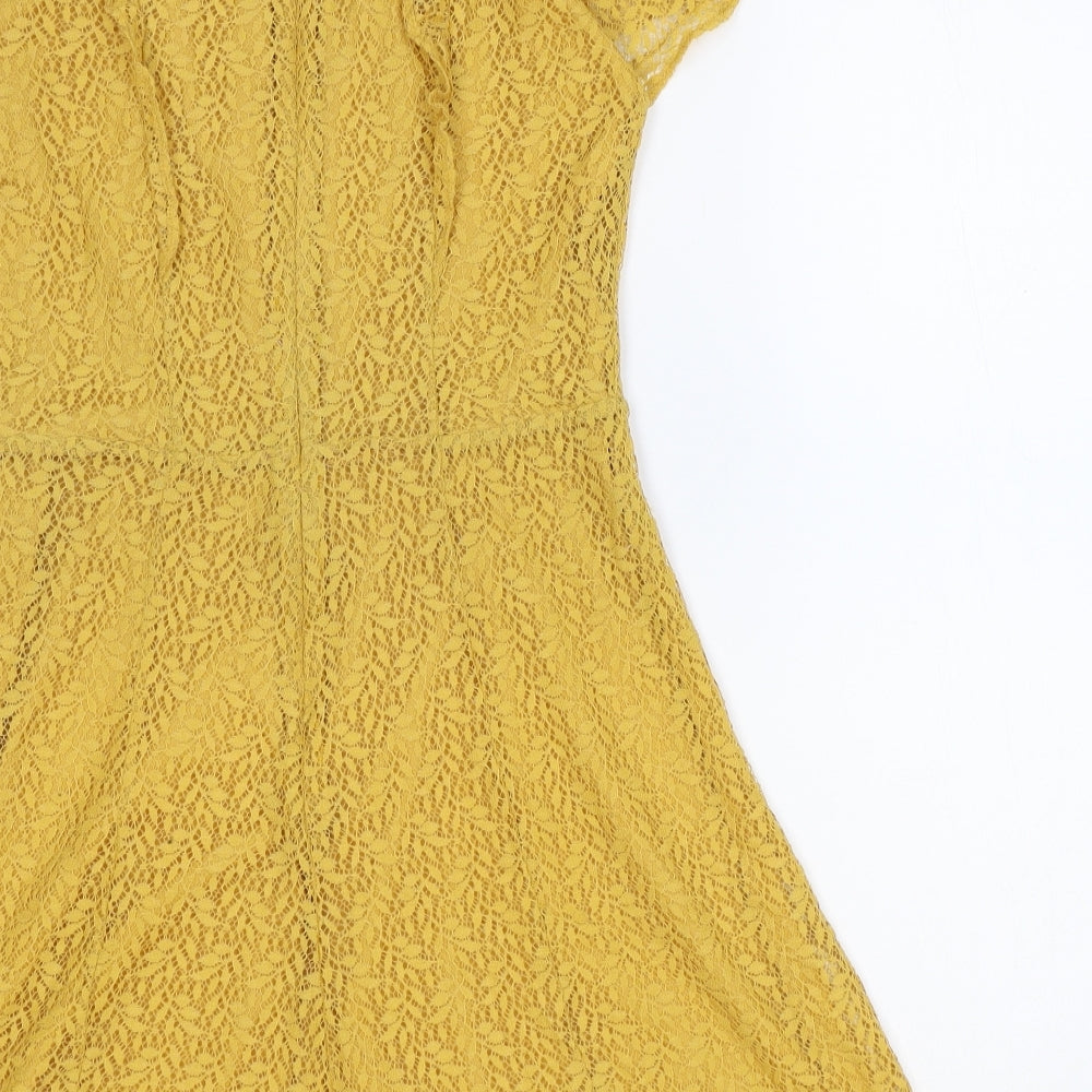 New Look Womens Yellow Floral Nylon A-Line Size 10 Boat Neck Zip