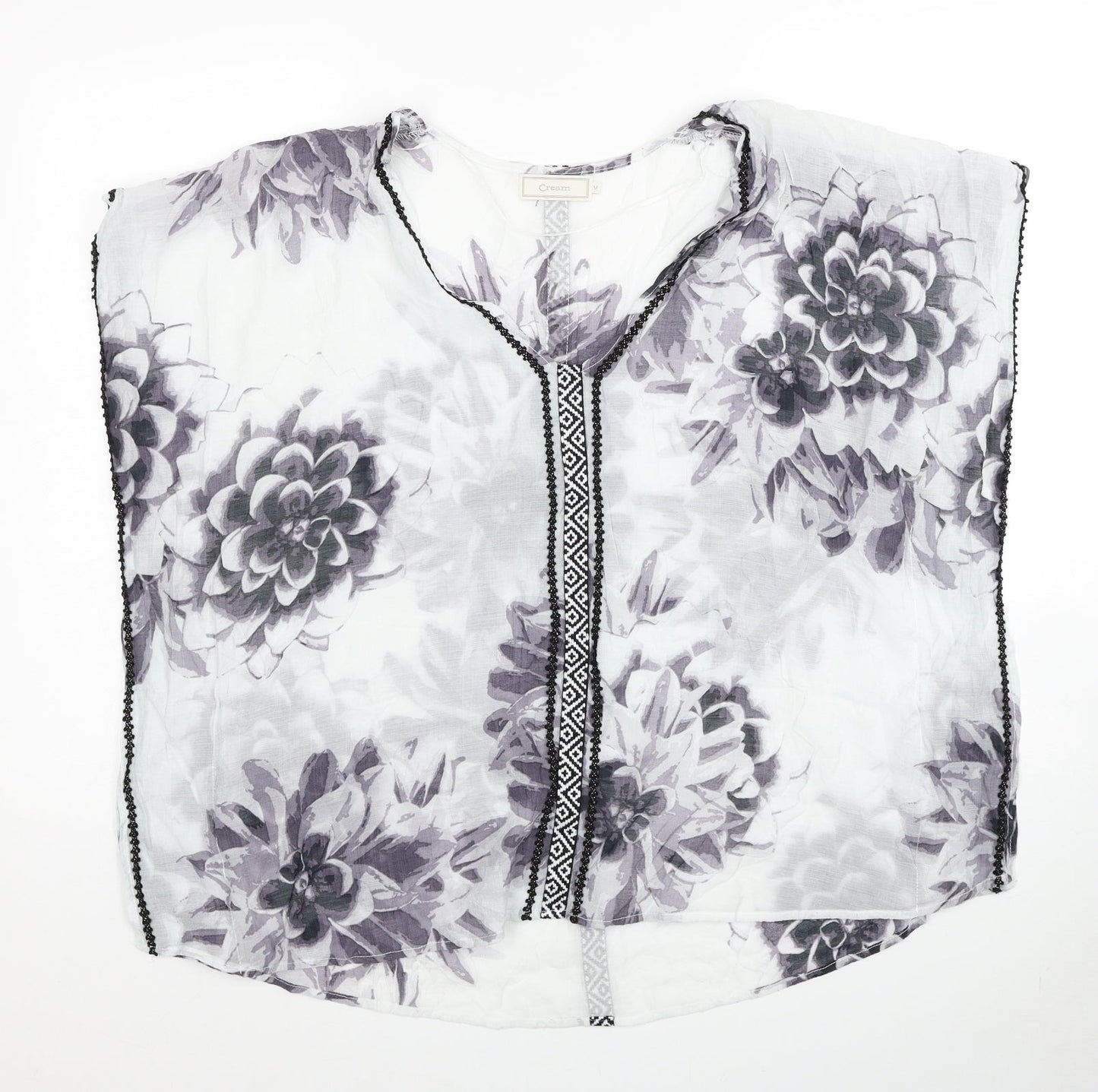 Cream Womens Grey Floral Polyester Basic Blouse Size M V-Neck