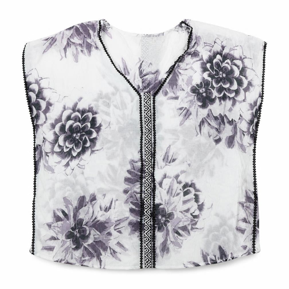 Cream Womens Grey Floral Polyester Basic Blouse Size M V-Neck