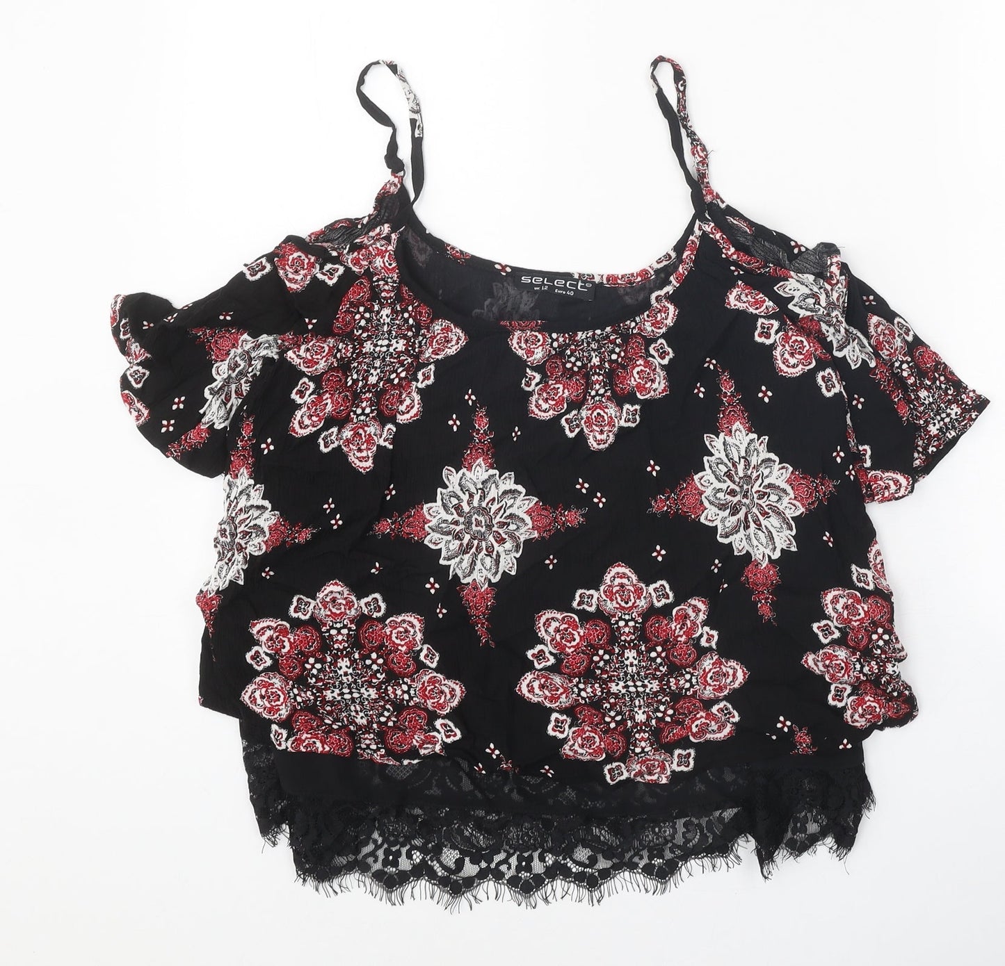 Select Womens Black Geometric Viscose Basic Blouse Size 12 Off the Shoulder