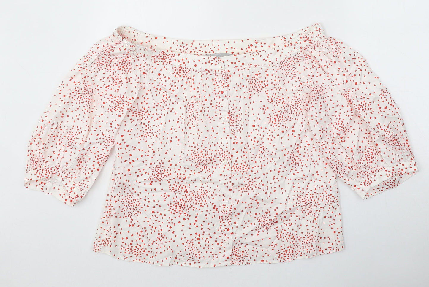 H&M Womens White Polka Dot Cotton Basic Blouse Size 12 Off the Shoulder