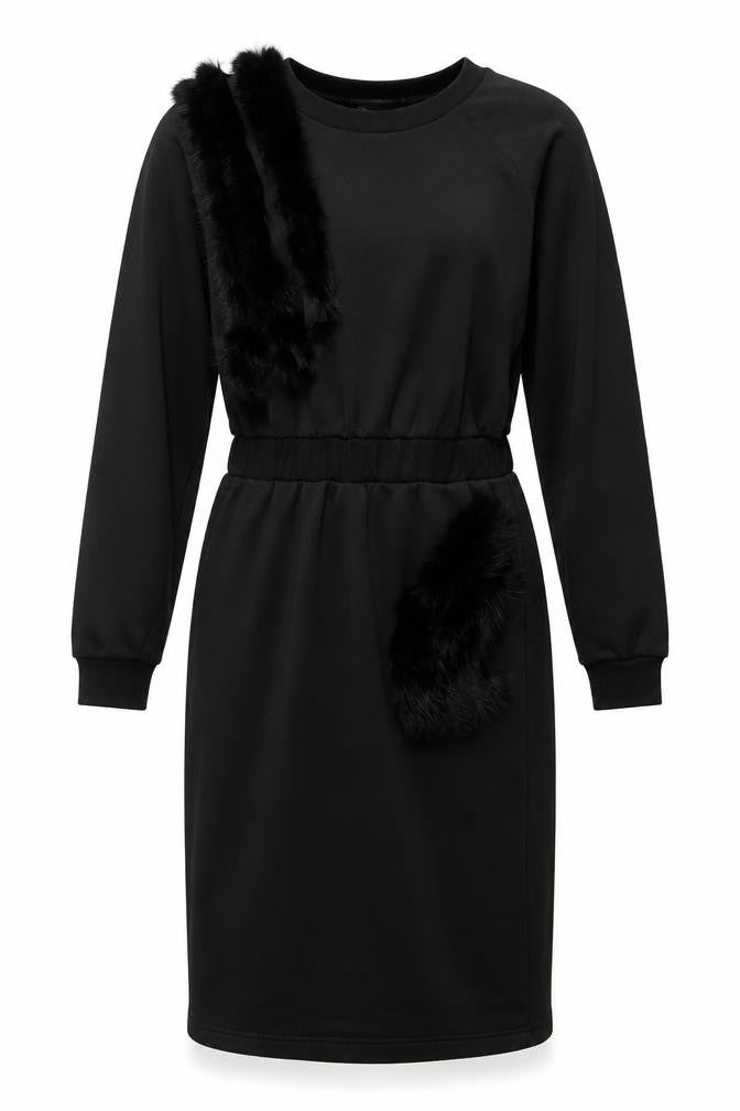 Kaleidoscope Womens Black Polyester Pencil Dress Size M Scoop Neck Pullover - Faux Fur Details