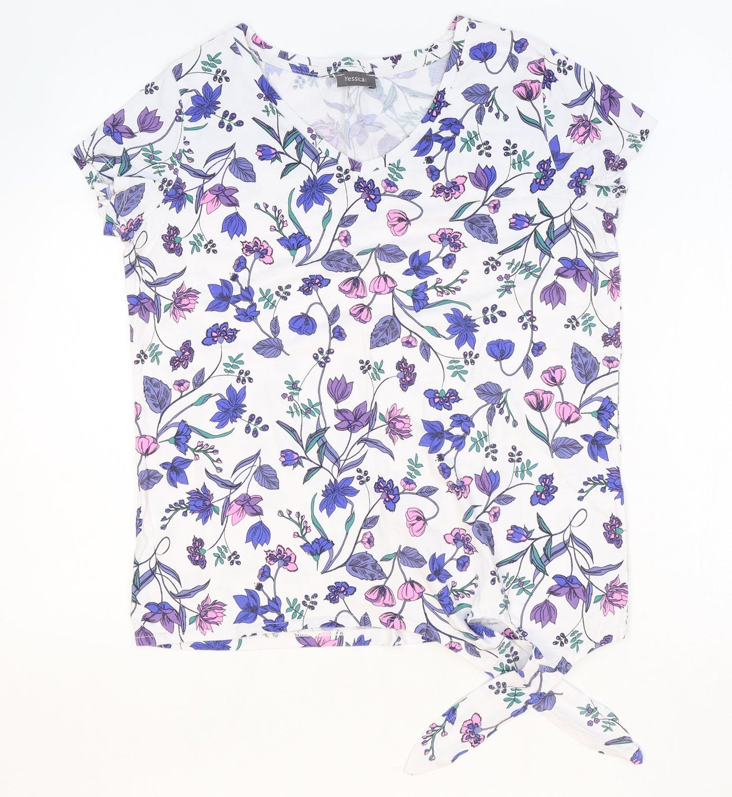 Yessica Womens White Floral Polyester Basic T-Shirt Size XS V-Neck