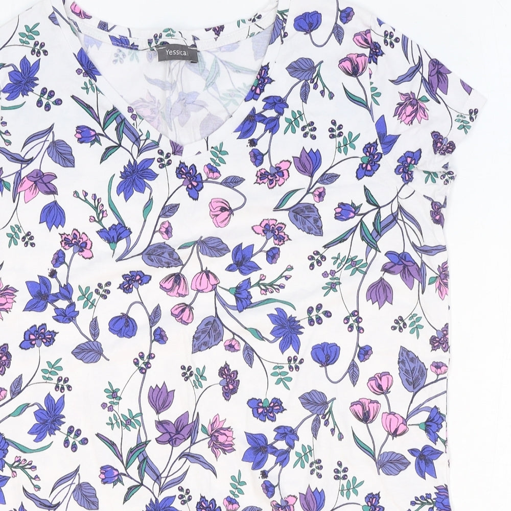 Yessica Womens White Floral Polyester Basic T-Shirt Size XS V-Neck