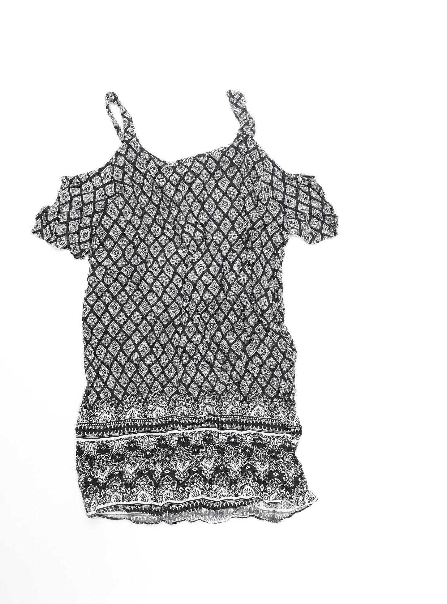 Papaya Womens Black Geometric Polyester Shift Size 8 V-Neck Pullover - Cold Shoulder