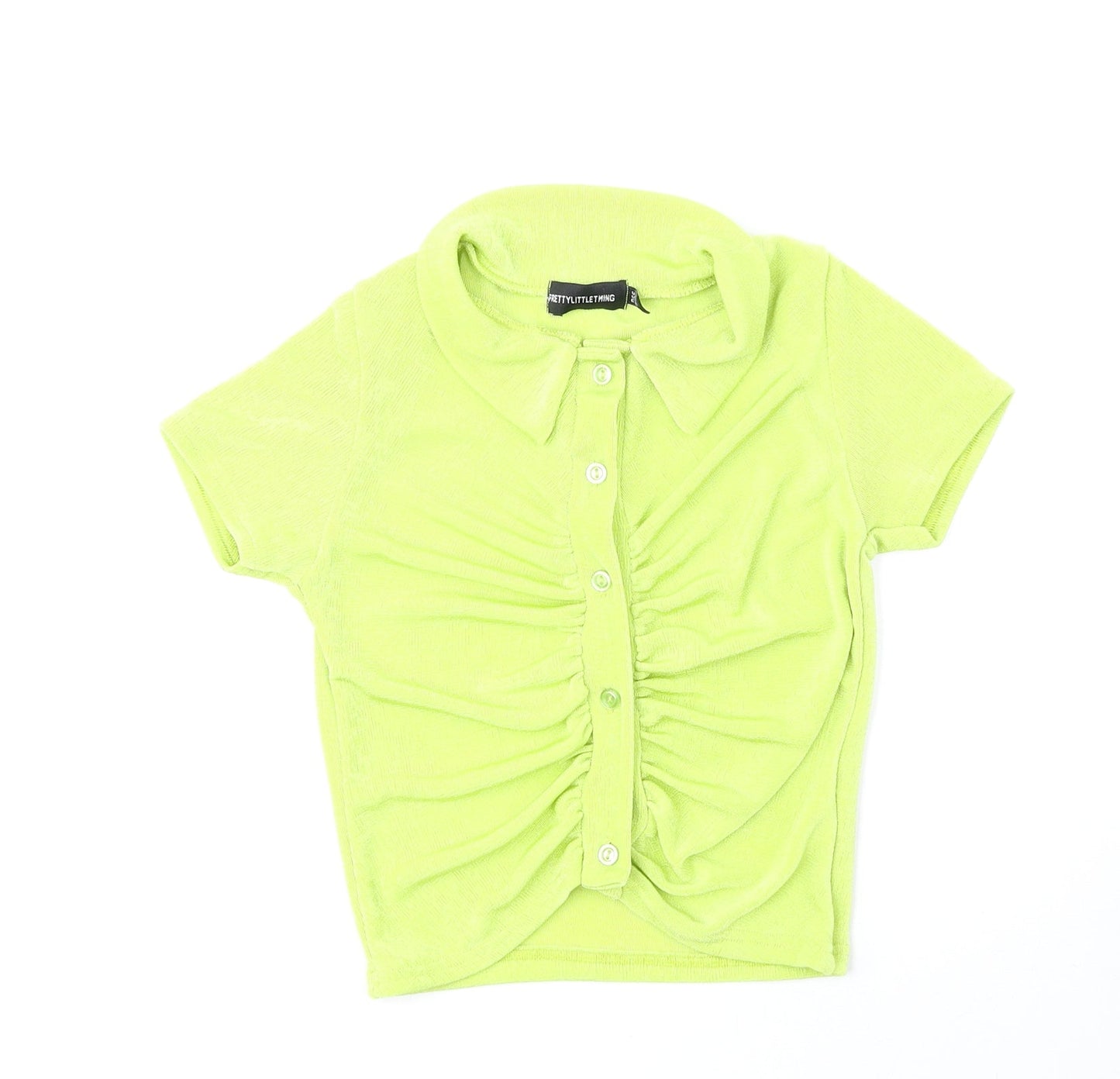 PRETTYLITTLETHING Womens Green Polyester Cropped Button-Up Size 4 Collared - Ruched