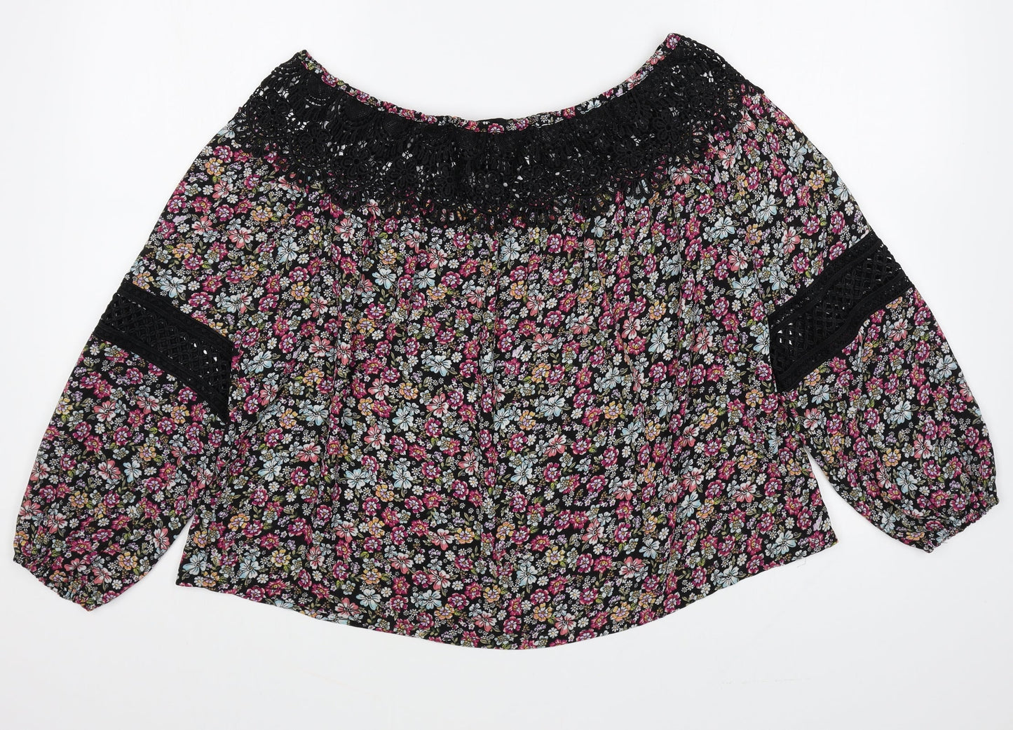 New Look Womens Multicoloured Floral Polyester Basic Blouse Size 10 Boat Neck - Lace Detail
