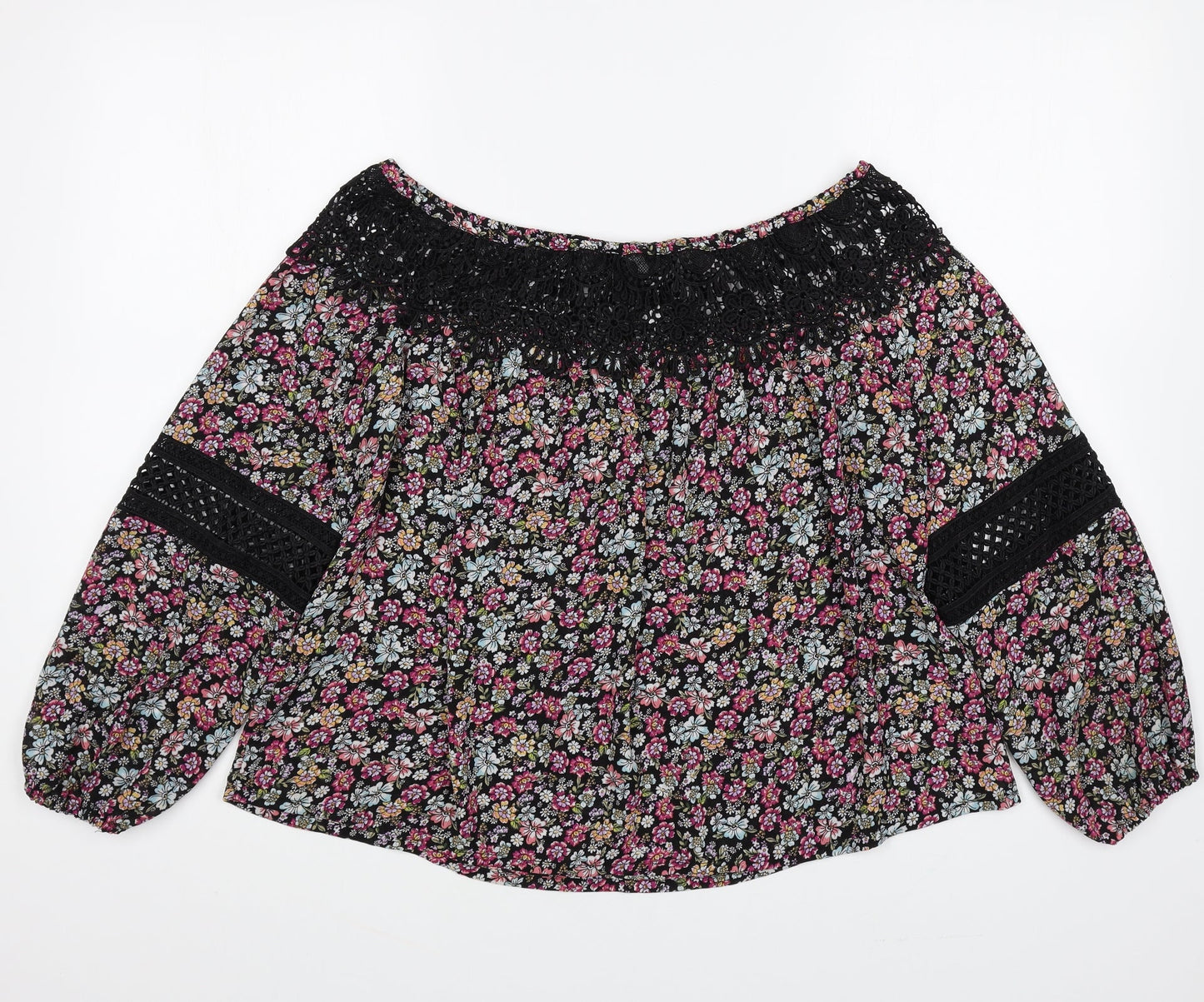 New Look Womens Multicoloured Floral Polyester Basic Blouse Size 10 Boat Neck - Lace Detail