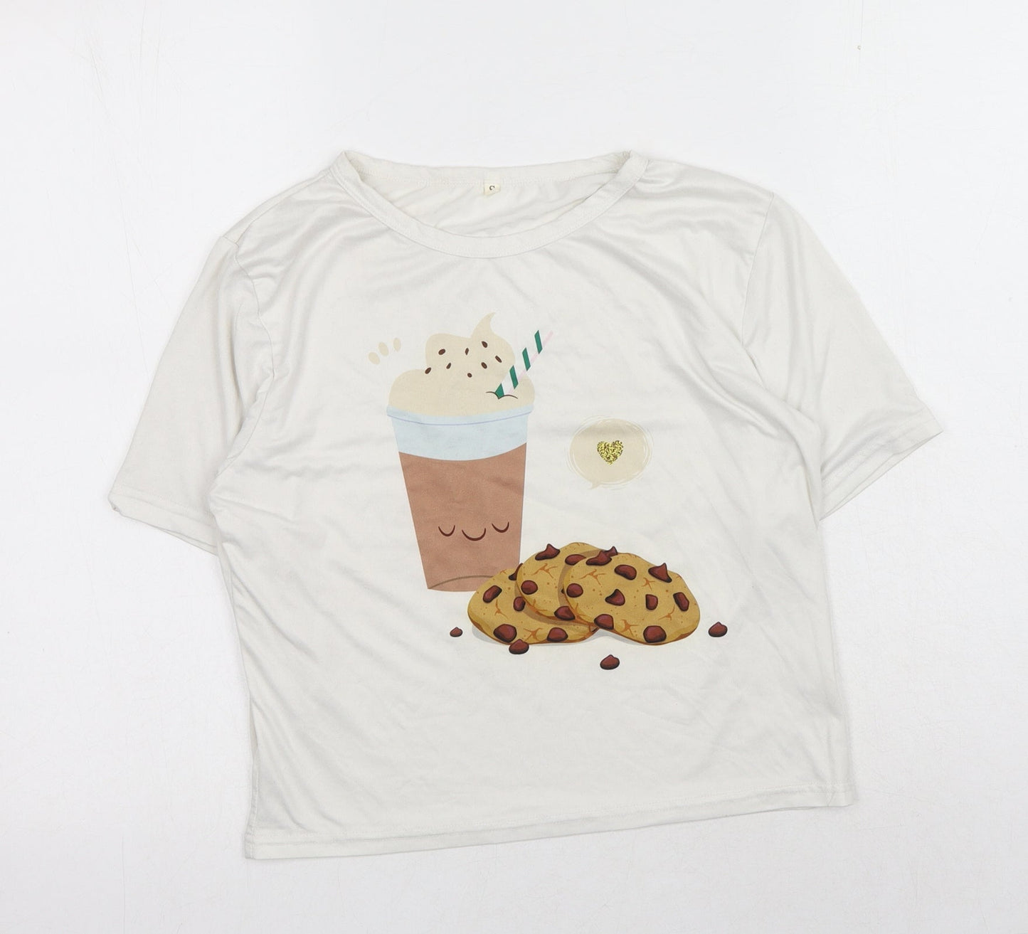 Preworn Womens White Polyester Basic T-Shirt Size S Round Neck - Hot Chocolate & Cookies