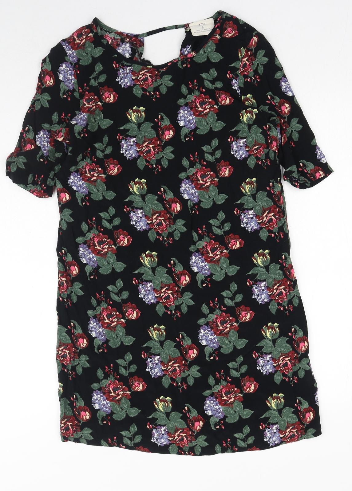 Pins and Needles Womens Black Floral Viscose Shift Size S Round Neck Pullover