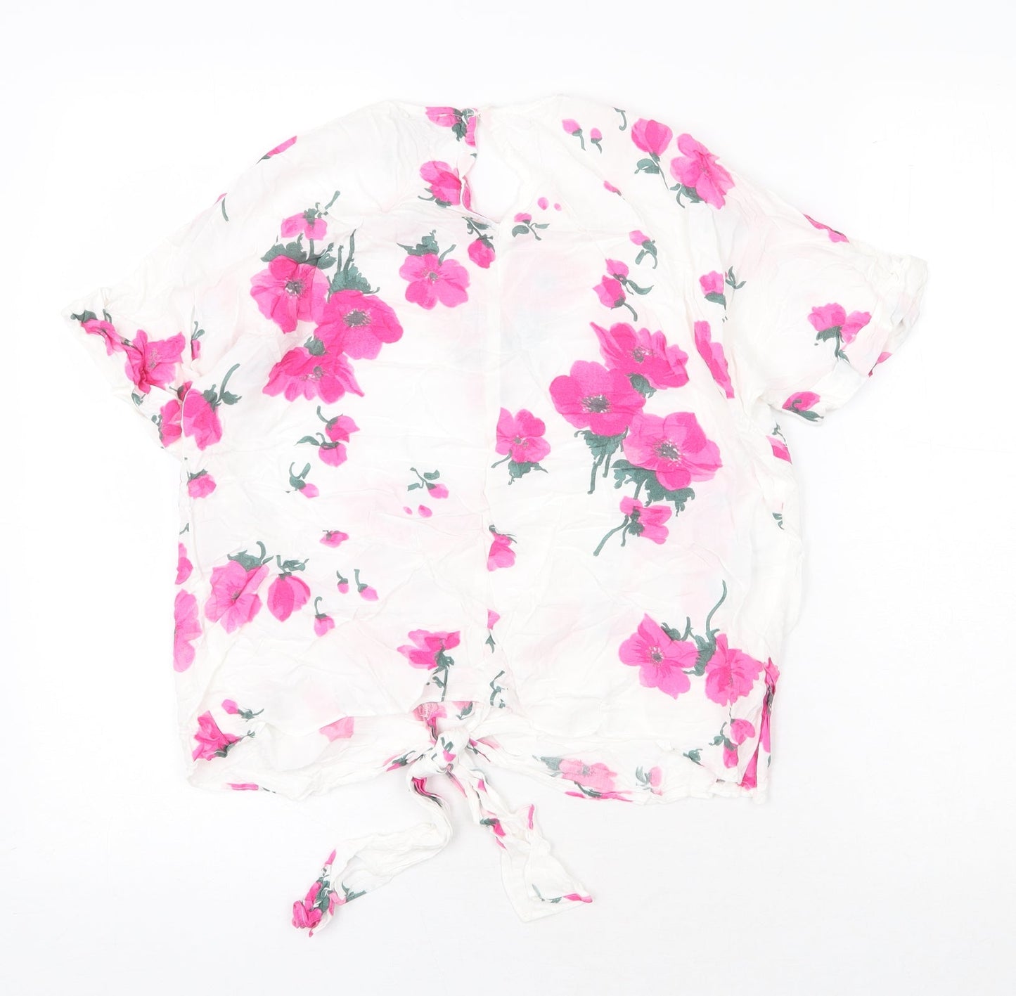 Warehouse Womens White Floral Viscose Basic T-Shirt Size 8 Round Neck - Knot Front