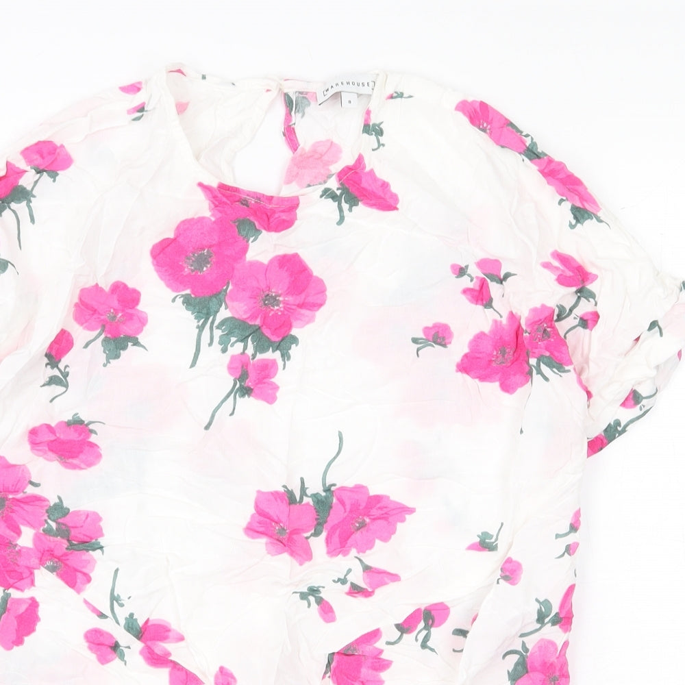 Warehouse Womens White Floral Viscose Basic T-Shirt Size 8 Round Neck - Knot Front