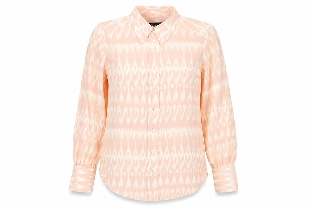 Marks and Spencer Womens Pink Geometric Polyester Basic Button-Up Size 8 V-Neck