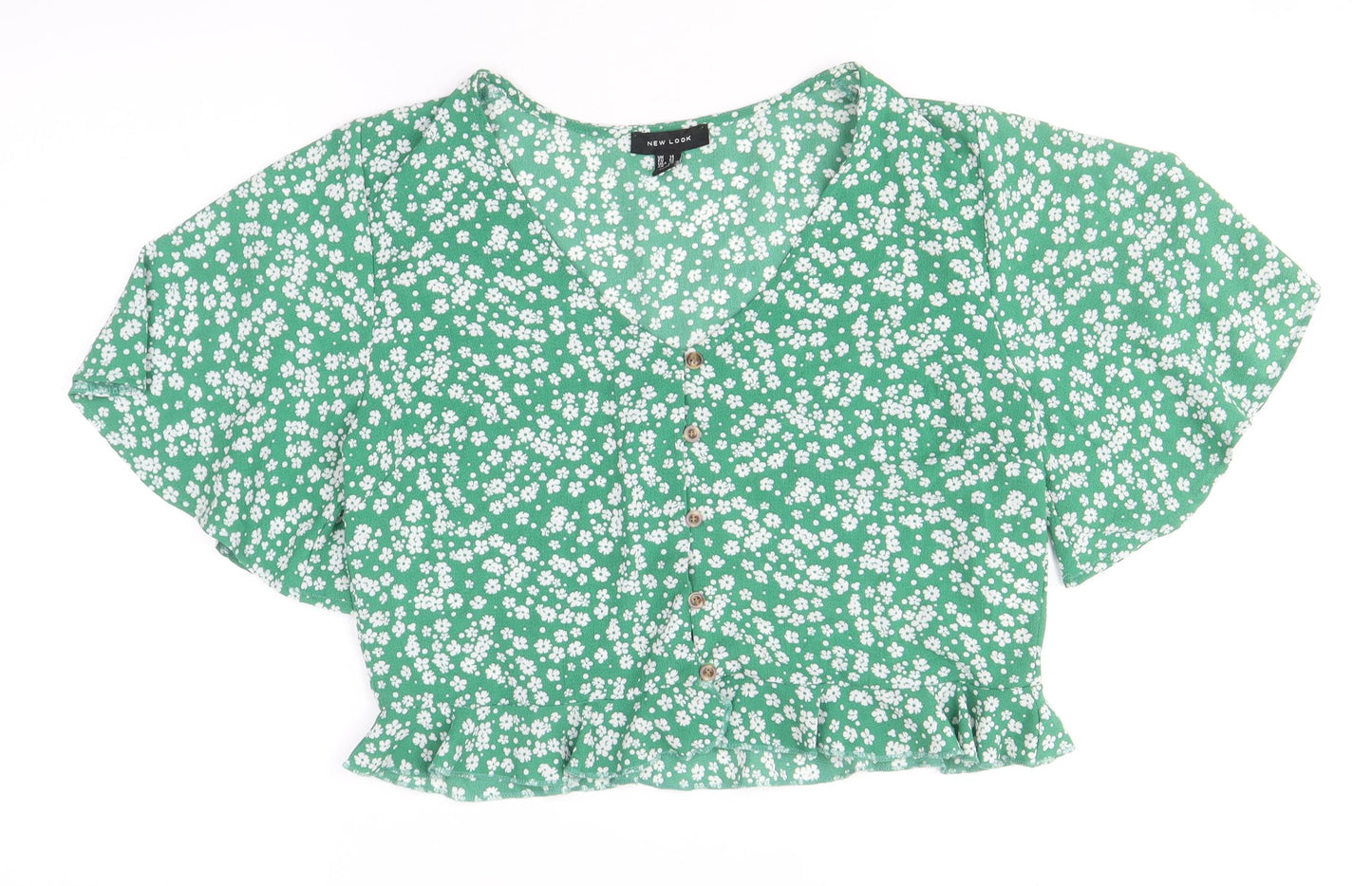 New Look Womens Green Geometric Polyester Cropped Blouse Size 14 V-Neck