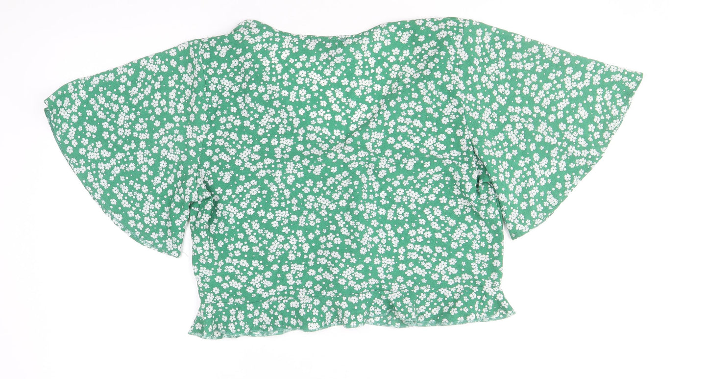 New Look Womens Green Geometric Polyester Cropped Blouse Size 14 V-Neck