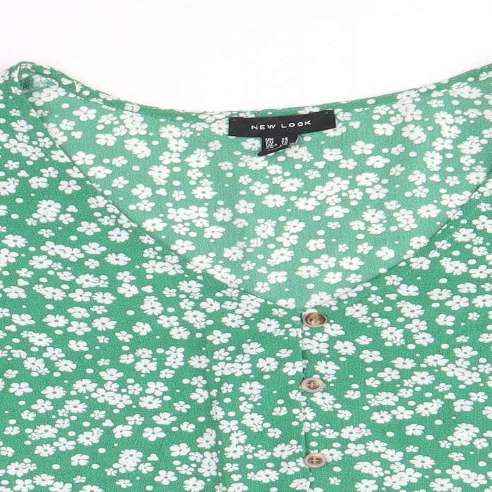 New Look Womens Green Geometric Polyester Cropped Blouse Size 14 V-Neck