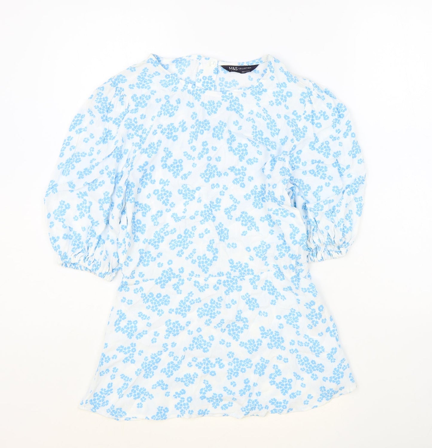 Marks and Spencer Womens Blue Floral Polyester Basic Blouse Size 8 Round Neck