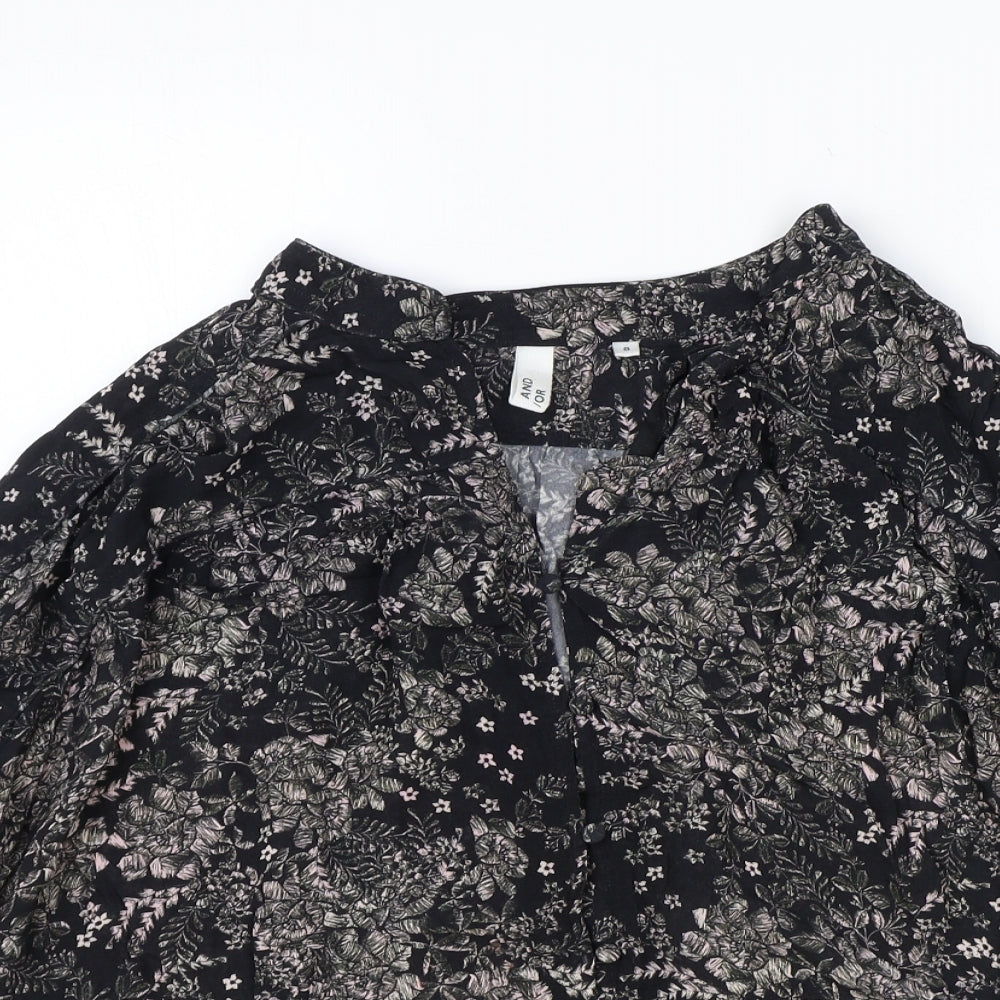 And/Or Womens Black Floral Viscose Basic Blouse Size 8 V-Neck