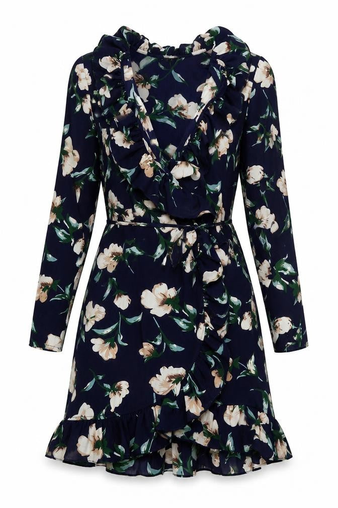 PRETTYLITTLETHING Womens Blue Fair Isle Polyester Wrap Dress Size 8 V-Neck Tie