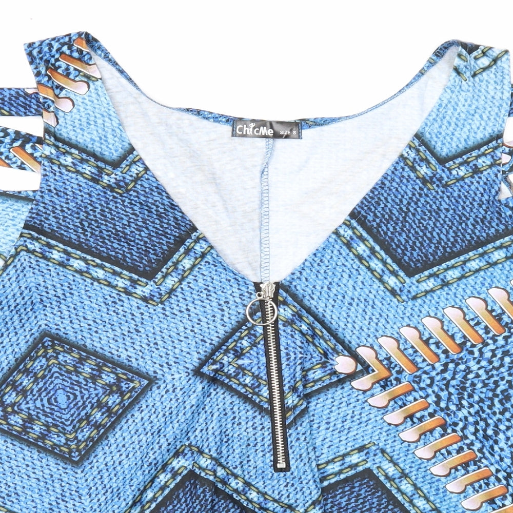 Chic Me Womens Blue Geometric Polyester Basic T-Shirt Size S V-Neck - Cold Shoulder