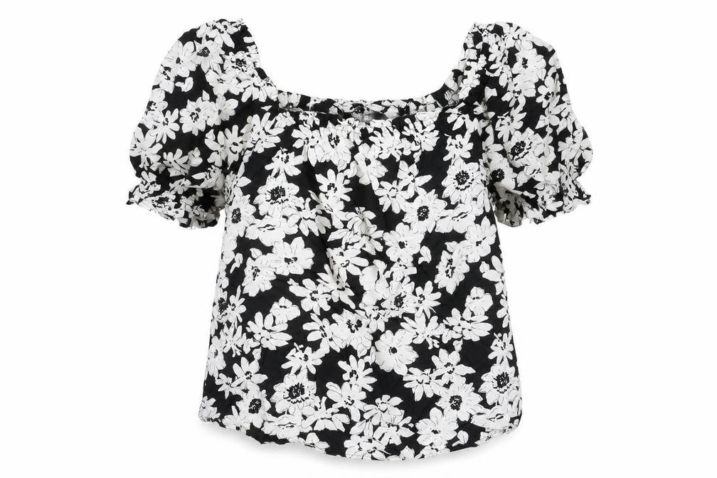 Marks and Spencer Womens Black Floral Viscose Basic Blouse Size 14 Square Neck