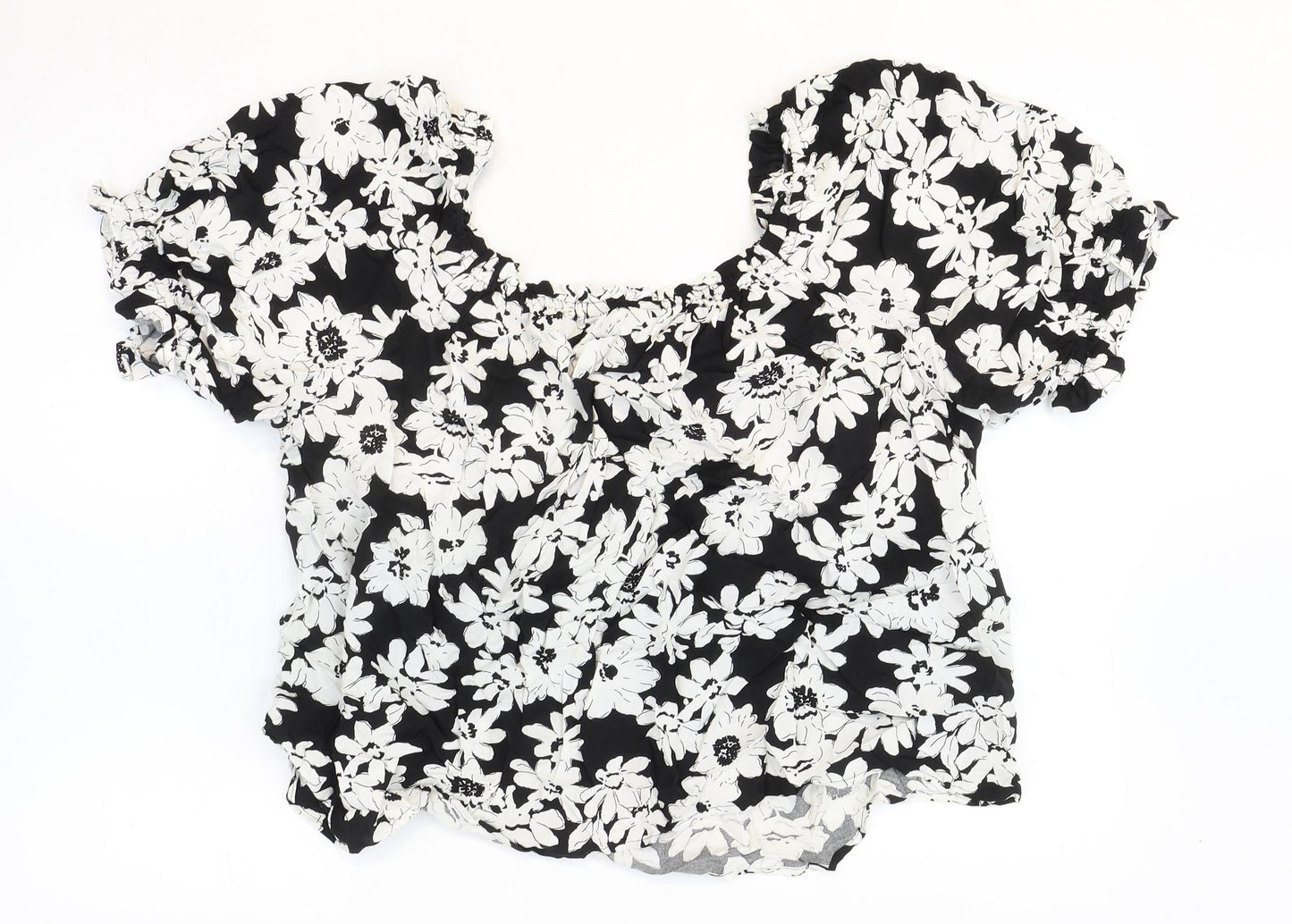 Marks and Spencer Womens Black Floral Viscose Basic Blouse Size 14 Square Neck