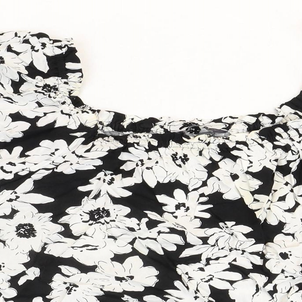 Marks and Spencer Womens Black Floral Viscose Basic Blouse Size 14 Square Neck