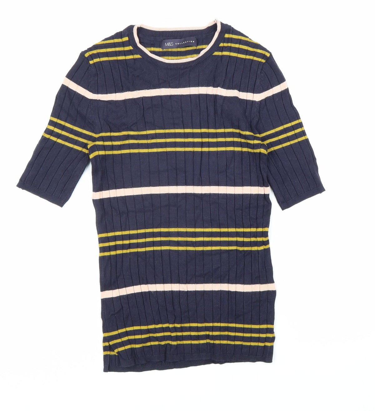 M&S Collection Womens Blue Striped Viscose Basic T-Shirt Size 6 Round Neck