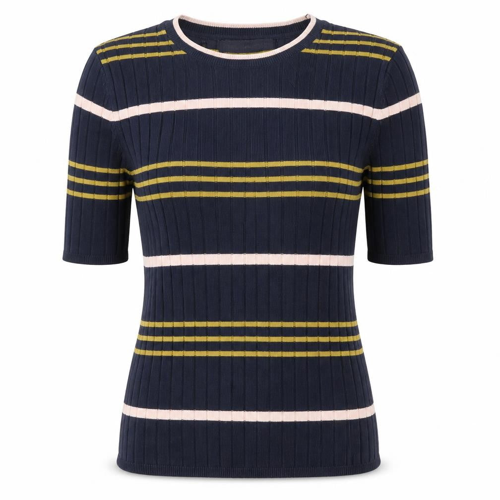 M&S Collection Womens Blue Striped Viscose Basic T-Shirt Size 6 Round Neck