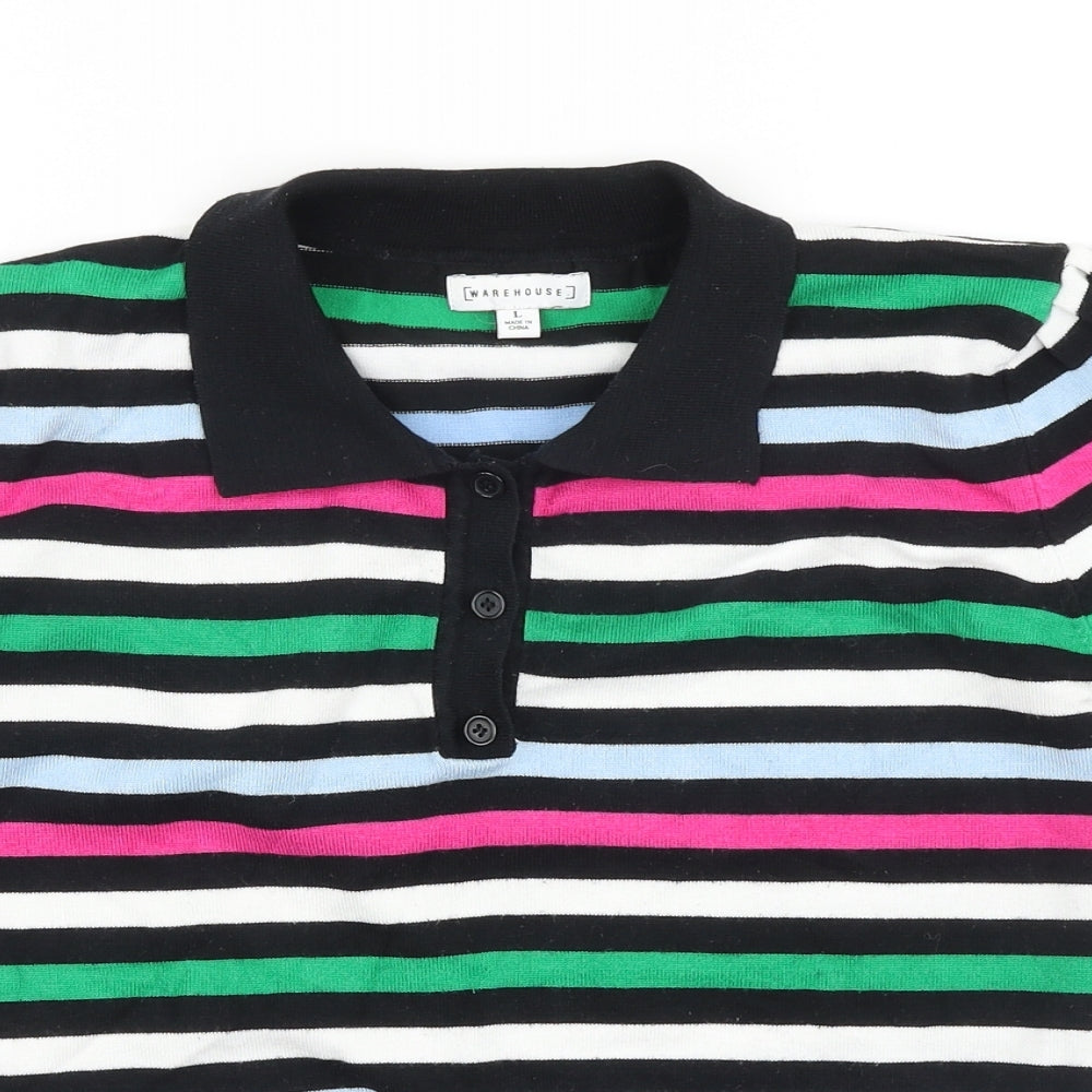 Warehouse Womens Black Striped 100% Cotton Basic Polo Size L V-Neck