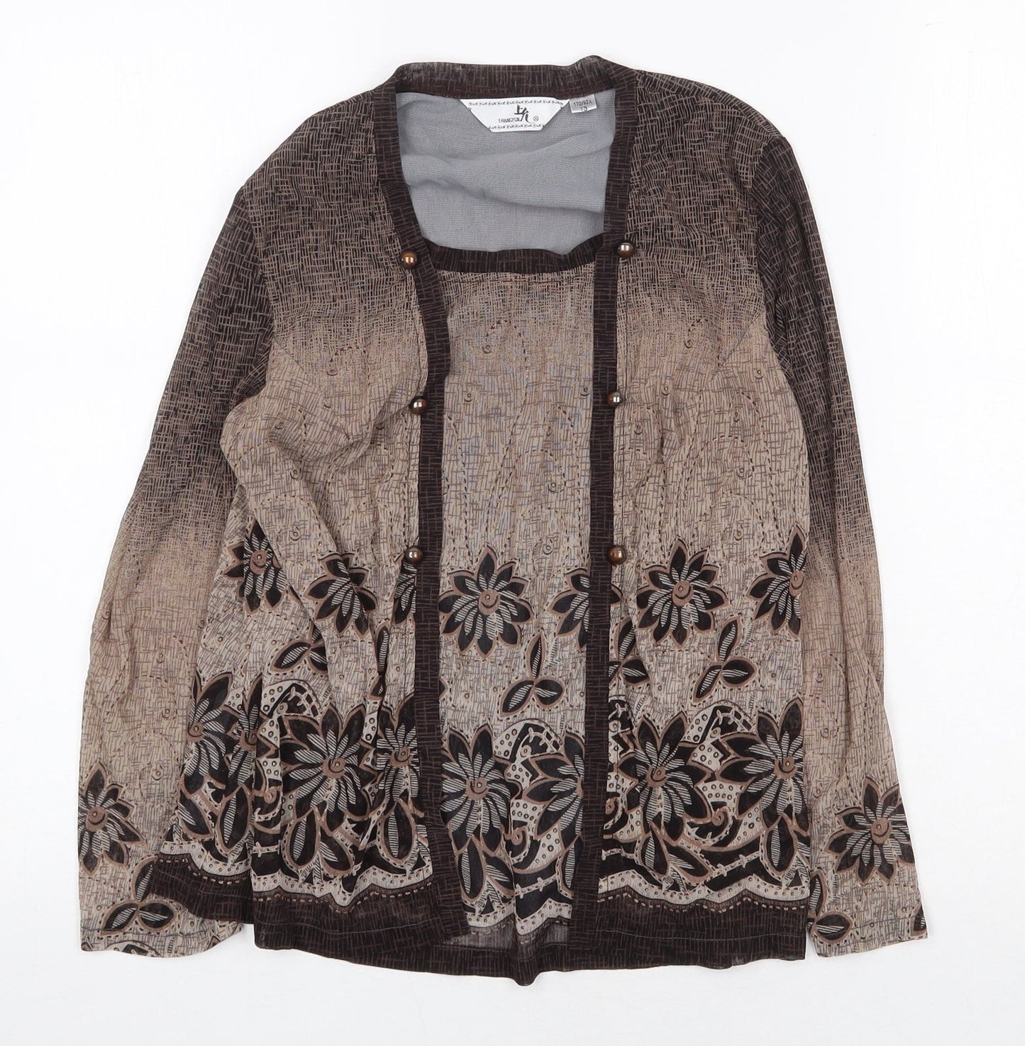 Shangyun Womens Brown Floral Polyester Basic Blouse Size M Scoop Neck - 2 in 1 Top