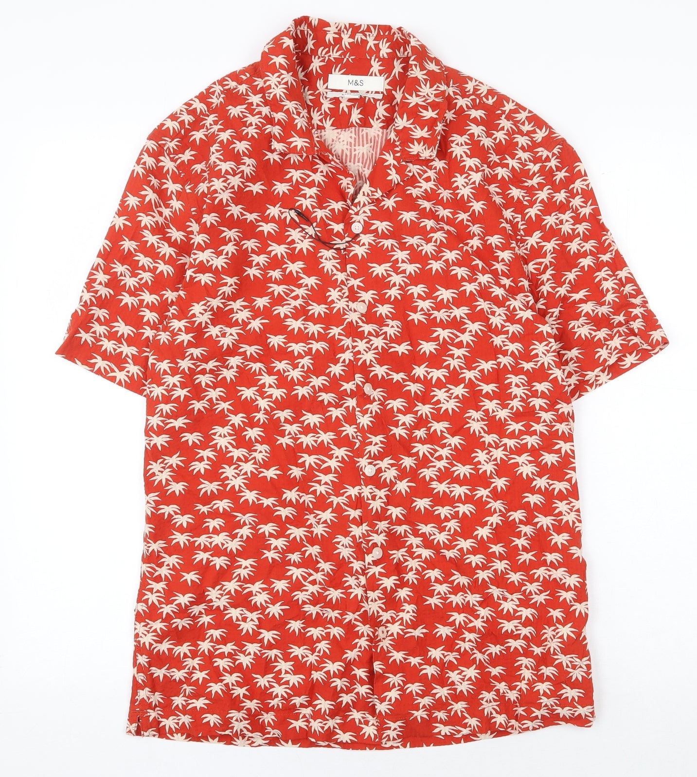Marks and Spencer Mens Red Geometric Cotton Button-Up Size S Collared Button